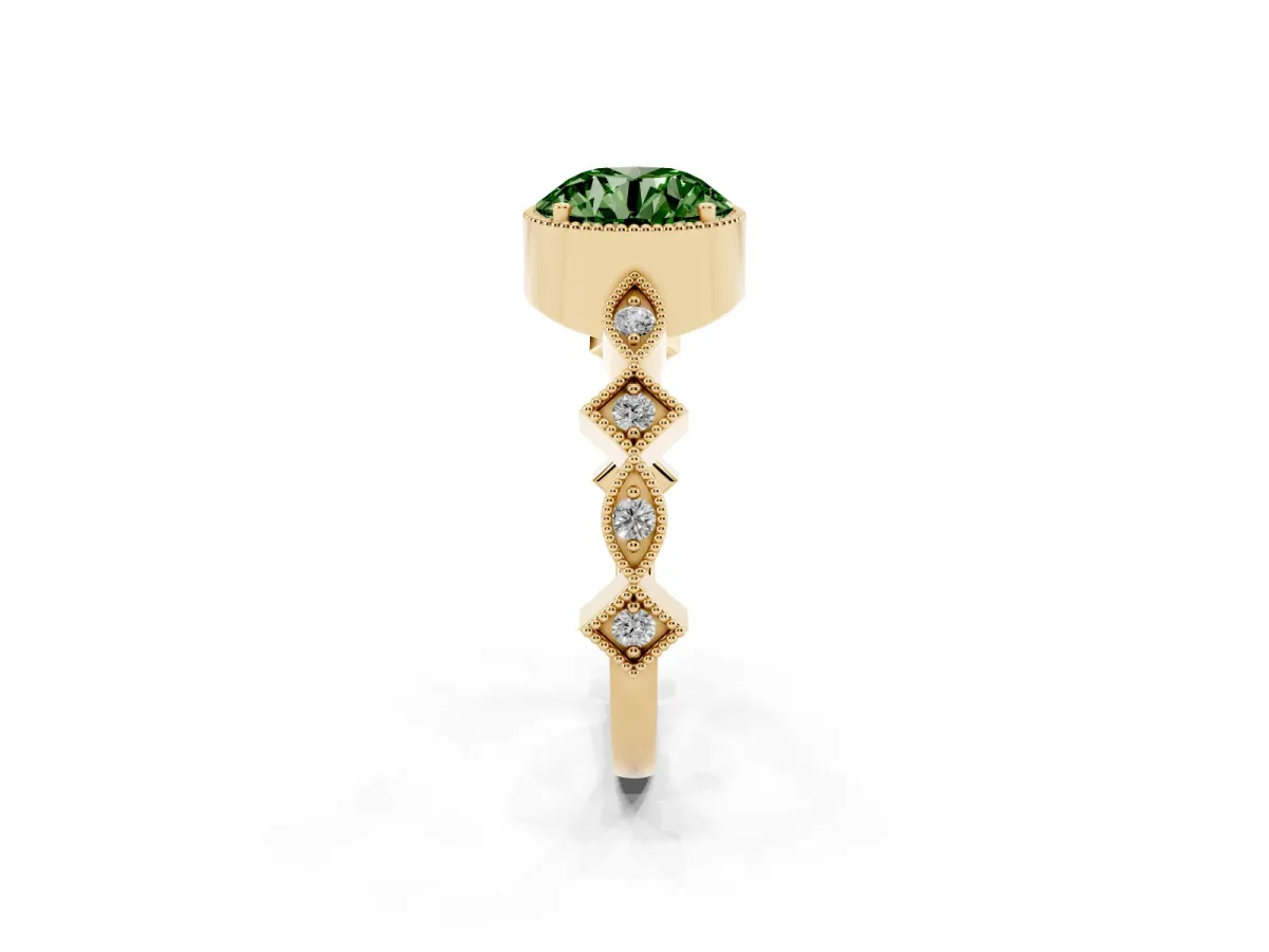 Fancy Green Round Cut Milgrain Marquise Diamond Twist Band Ring Yellow gold
