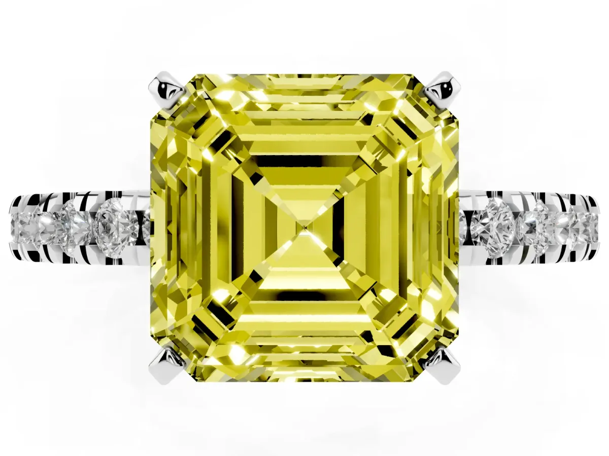 Fancy Yellow Asscher Cut Solitaire Diamond with Pavé Band and Four-Prong Setting Platinum