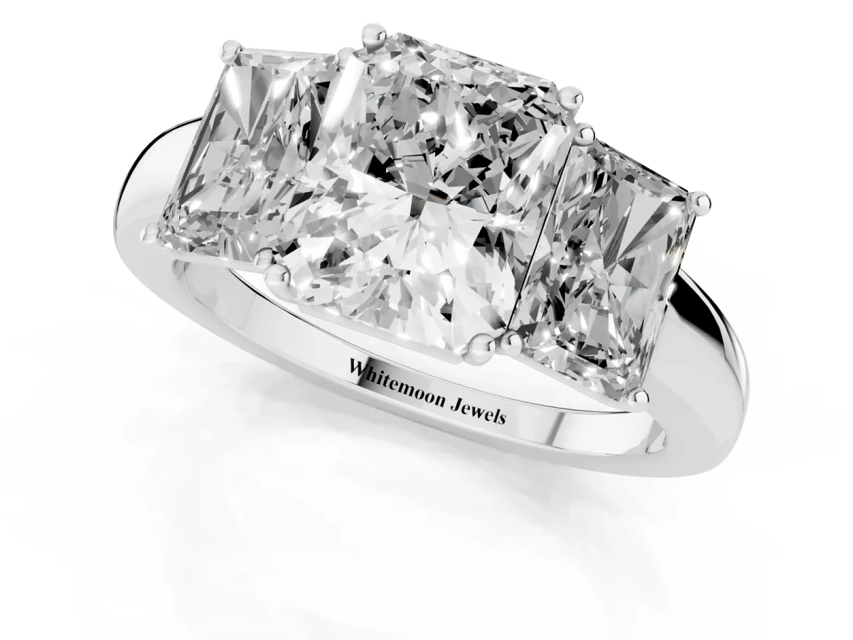 Radiant Cut Diamond Three-Stone Ring with Four-Prong Setting and Classic Band Silver
