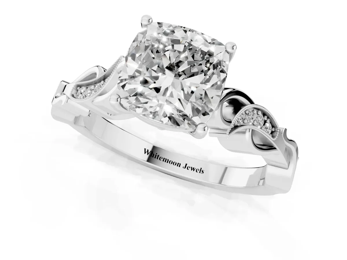 Cushion Cut Solitaire Vine Band with Milgrain Prong Setting Silver