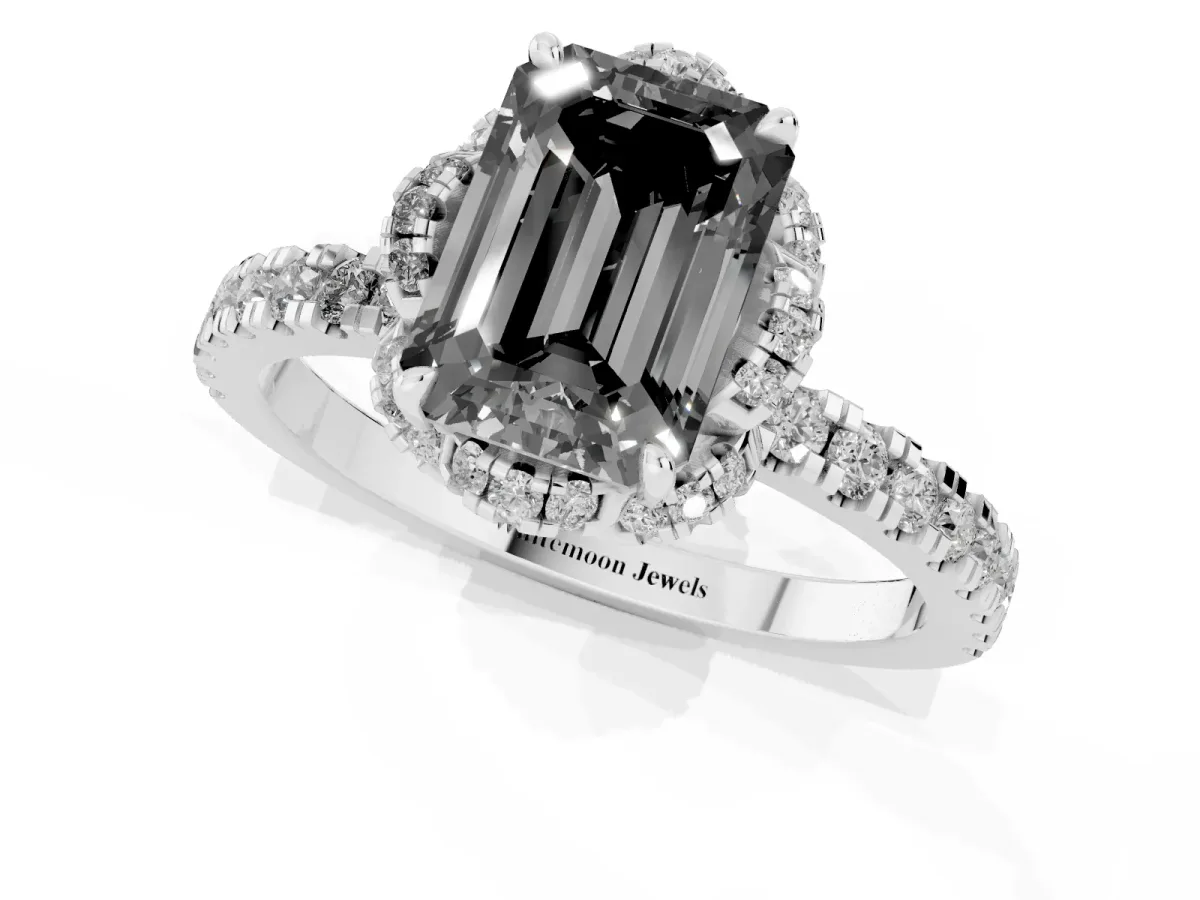 Fancy Black Emerald Cut Diamond Halo Pave Band with Four-Prong Setting Silver
