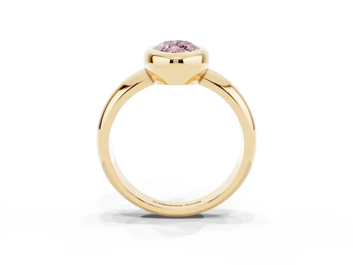 Fancy Pink Bezel Set Marquise Cut Solitaire Ring with Wide Band Yellow gold