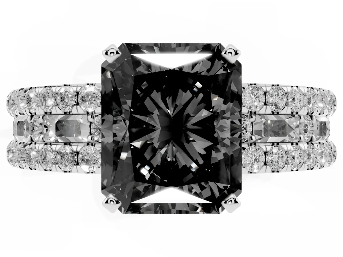 Fancy Black Radiant Cut Diamond Solitaire Ring with Pavé and Channel Set Band Silver