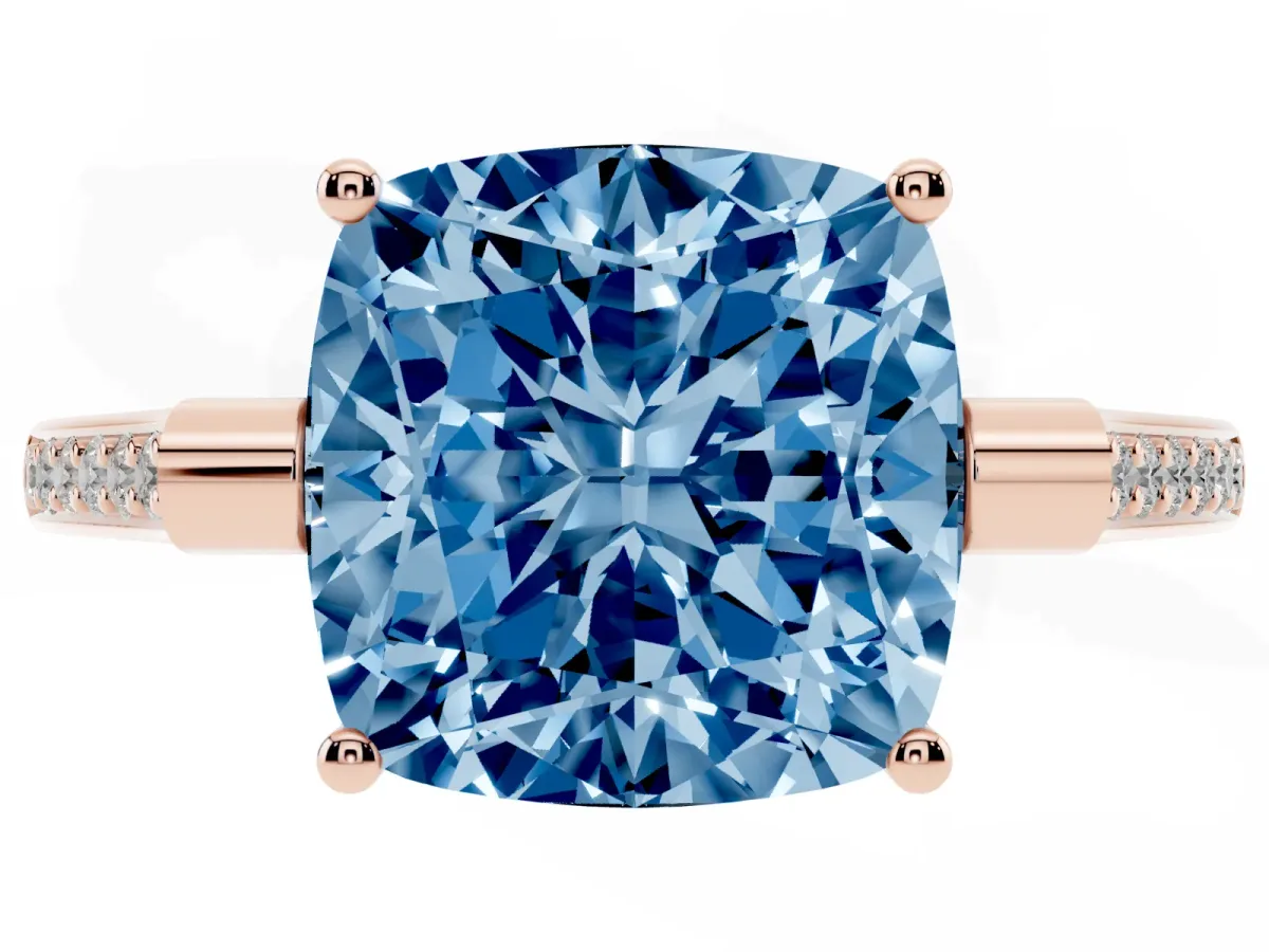 Fancy Blue Cushion Cut Solitaire Diamond Ring with Channel Set Band and Bezel Prong Setting Rose gold