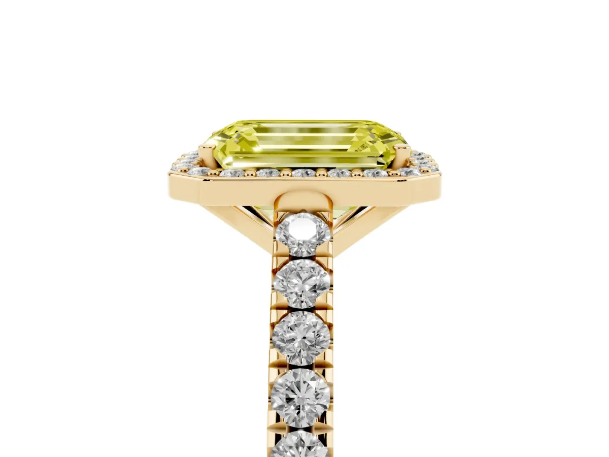 Fancy Yellow Emerald Cut Cut Halo Diamond Engagement Ring with Pave Band and Four-Prong Setting Yellow gold