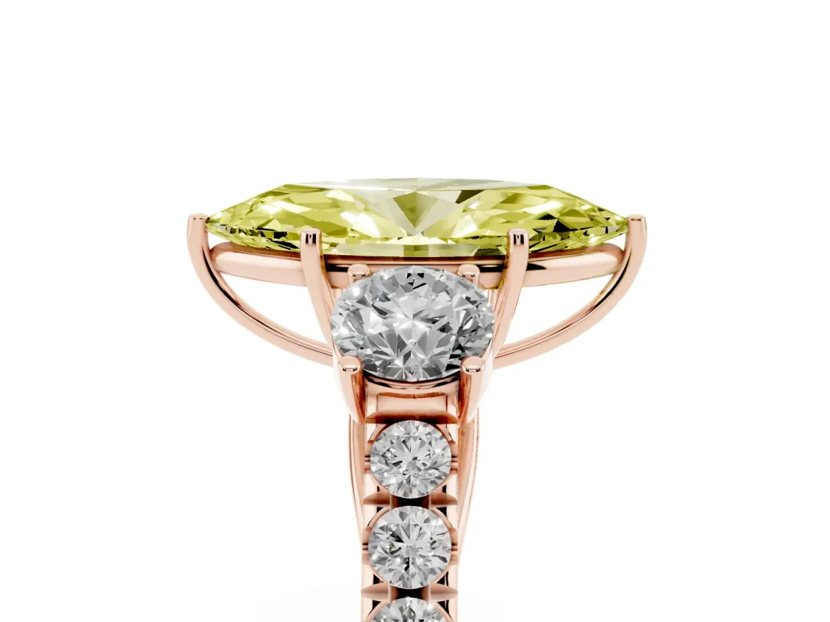Fancy Yellow Marquise Cut Cut Diamond Three-Stone Ring with Round Side Stones and Pavé Band Rose gold