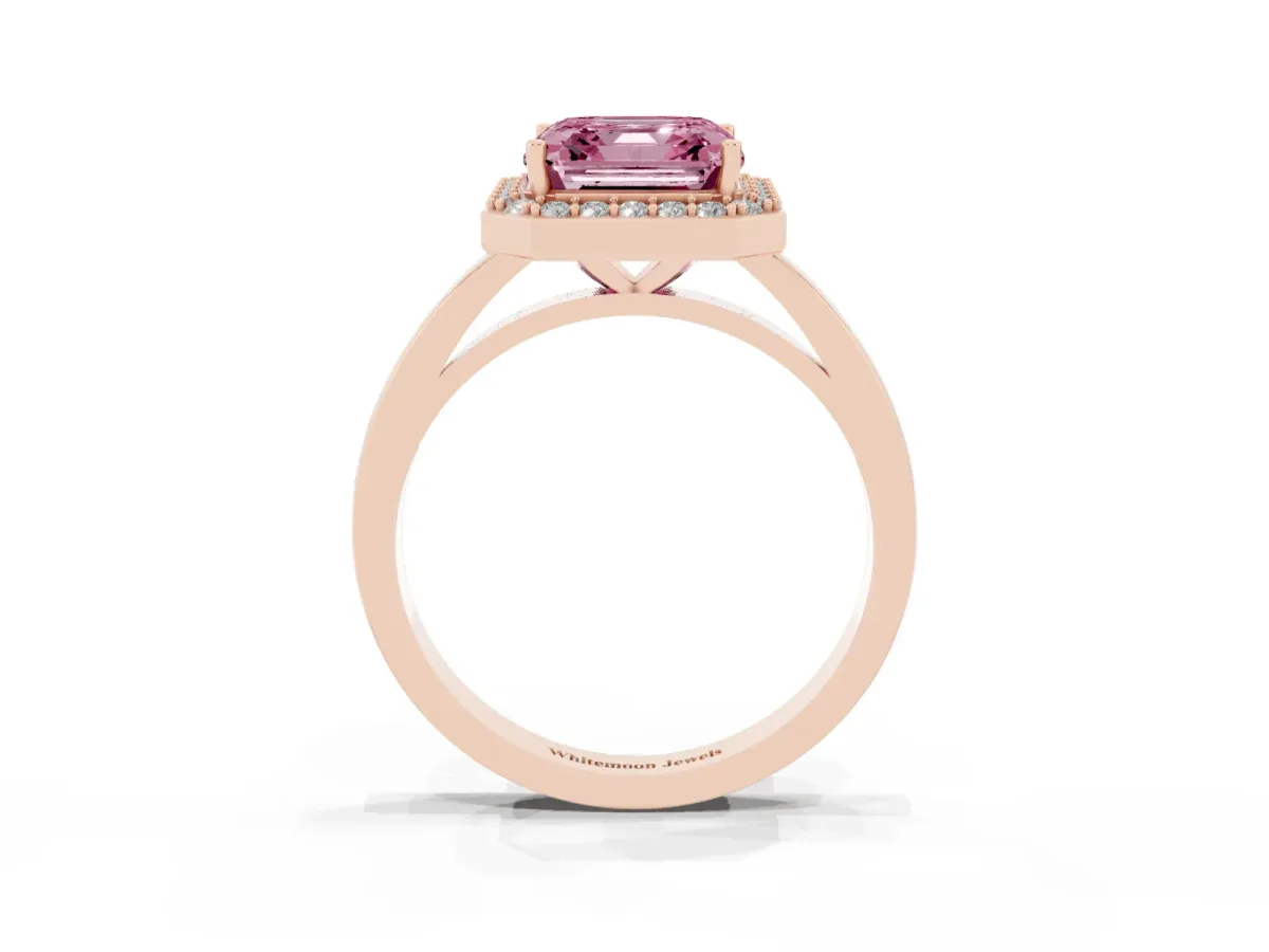 Fancy Pink Asscher Cut Halo Diamond Ring with Solitaire Band and Prong Setting Rose gold