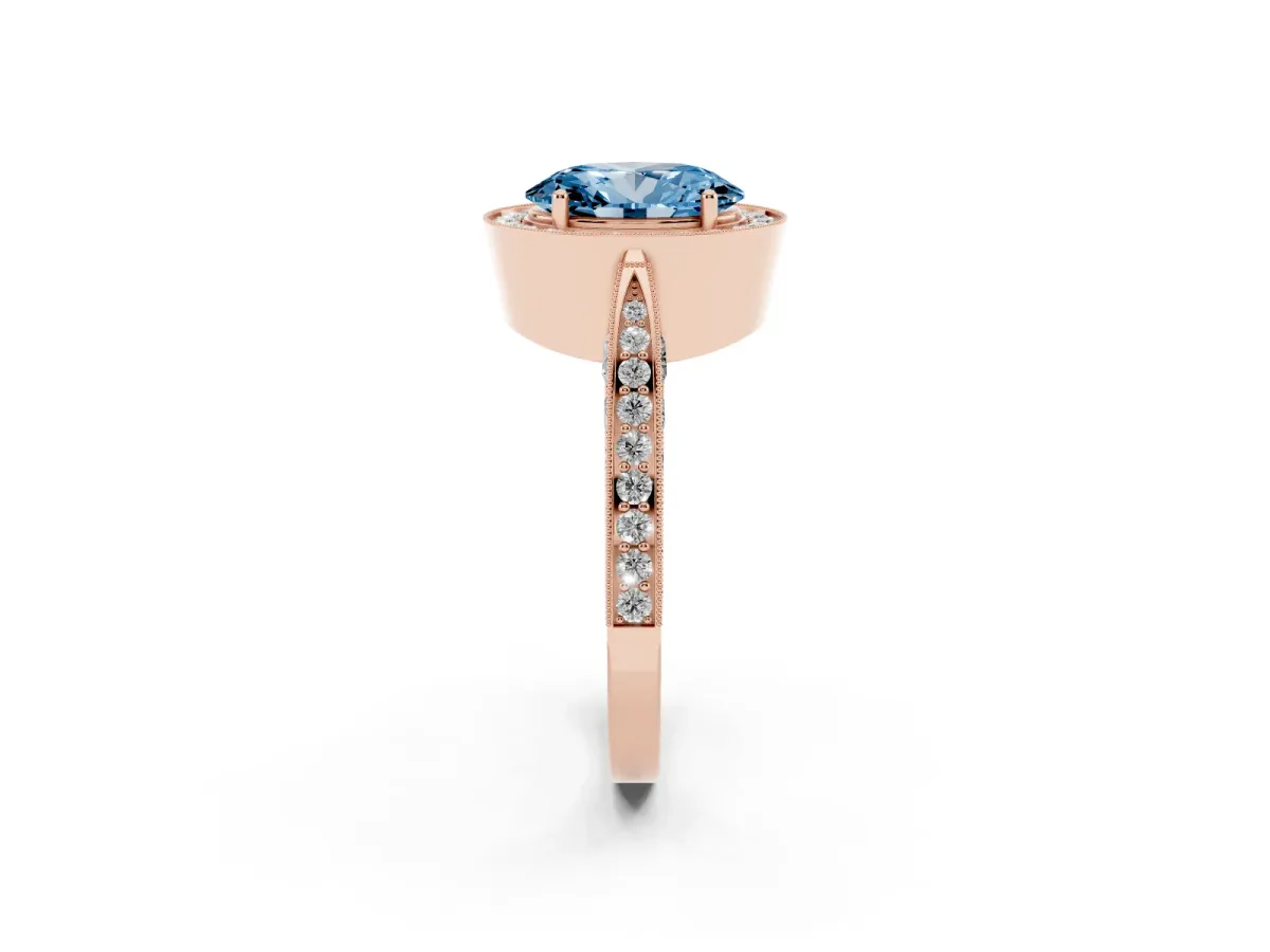 Fancy Blue Oval Cut Halo Diamond Engagement Ring with Split Shank Band and Four-Prong Setting Rose gold