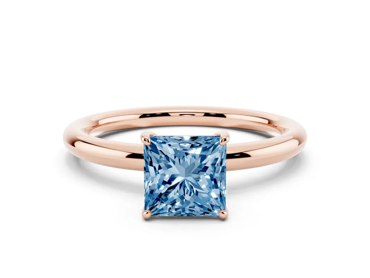 Fancy Blue Princess Cut Solitaire Diamond Ring with Four-Prong Setting on a Plain Band Rose gold