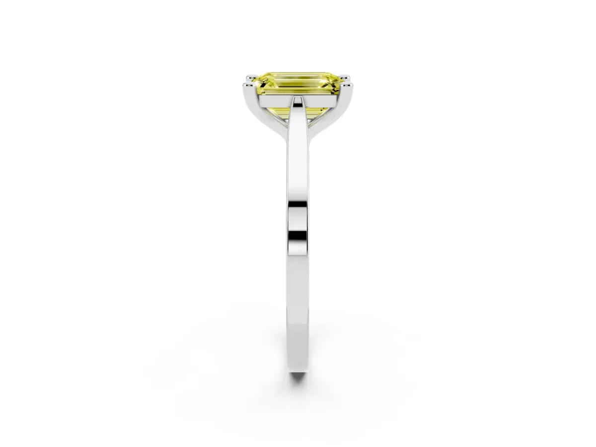 Fancy Yellow Emerald Cut Solitaire Diamond Ring with Four-Prong Setting and Tapered Band Silver