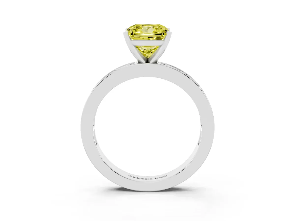Fancy Yellow Princess Cut Solitaire Diamond Ring with Channel-Set Baguette Band and Four-Prong Setting Platinum