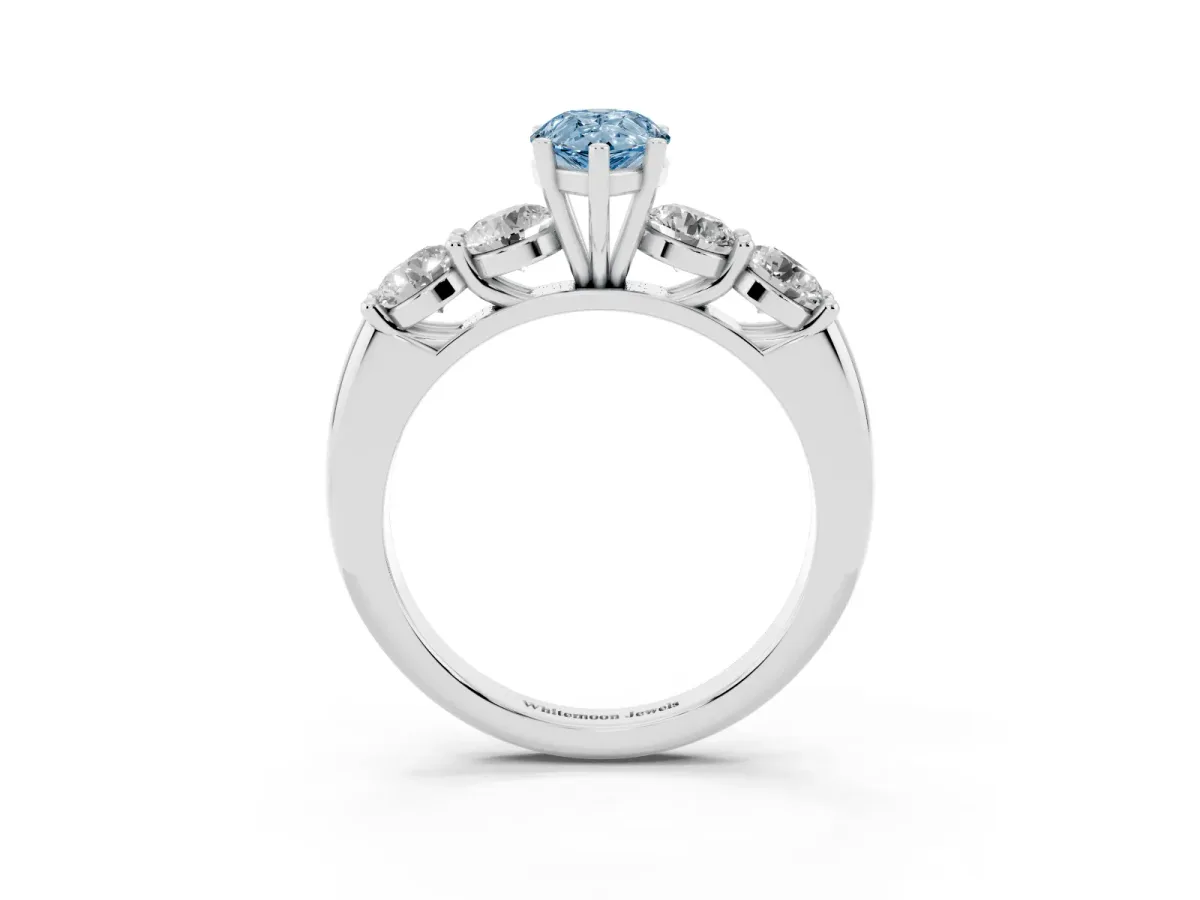 Fancy Blue Pear Cut Cut Five-Stone Prong Set Diamond Ring with Classic Band Platinum