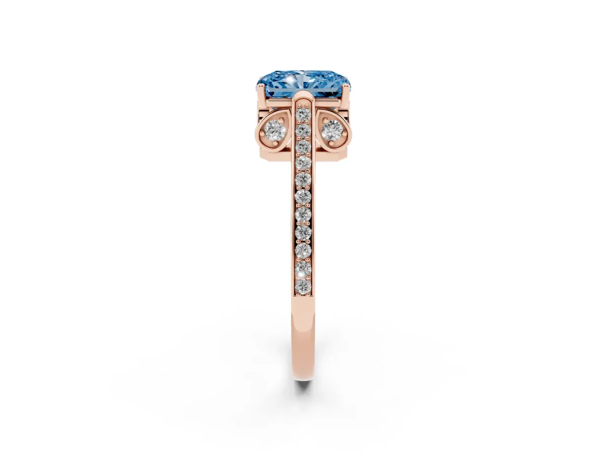 Fancy Blue Radiant Cut Cut Cathedral Pave Diamond Engagement Ring with Six-Prong Setting Rose gold