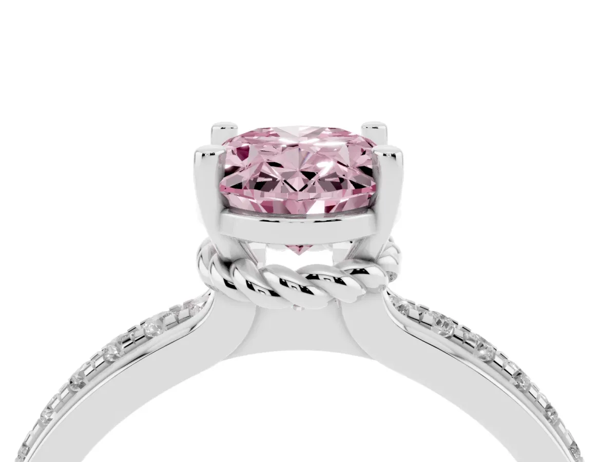 Fancy Pink Oval Cut Solitaire Diamond Ring with Channel Set Band and Six-Prong Setting Silver