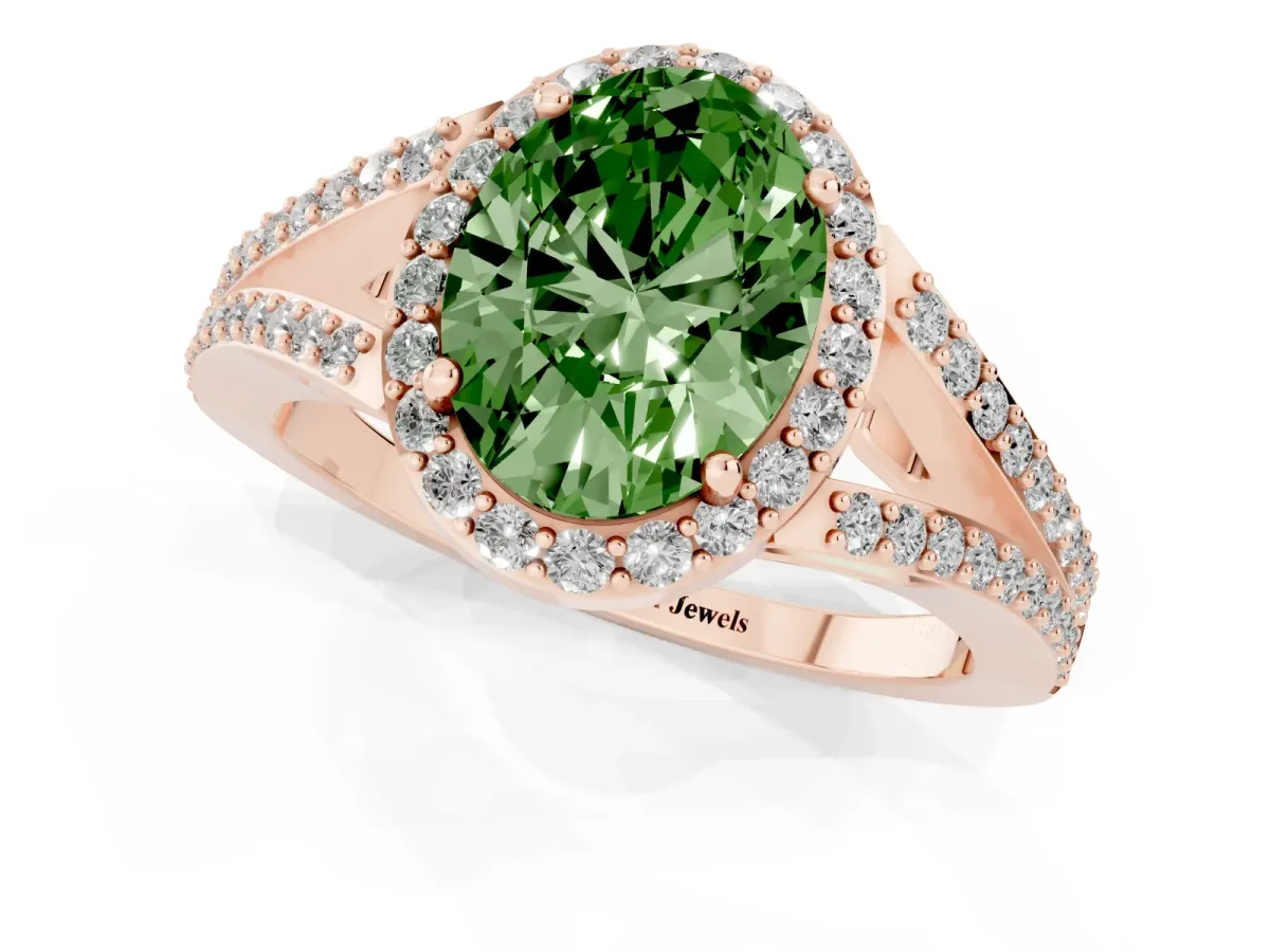 Fancy Green Oval Cut Halo Split Shank Pave Diamond Ring with Four-Prong Setting Rose gold