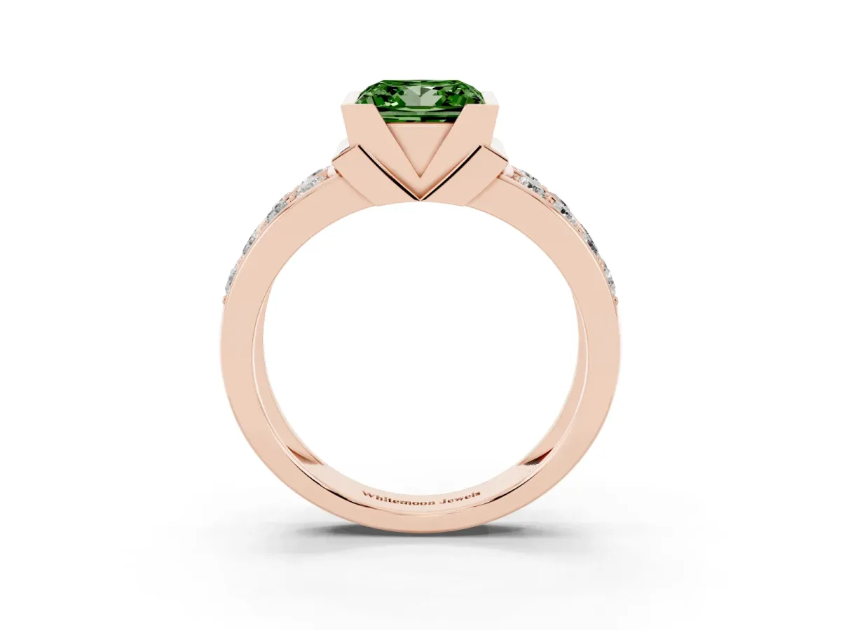 Fancy Green Princess Cut Brilliant Diamond Channel Set Wide Band Ring with Bezel Setting Rose gold