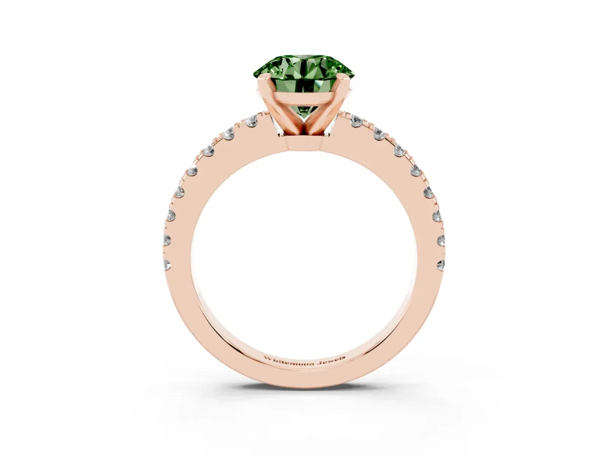 Fancy Green Round Cut Solitaire Diamond with Pavé Band and Four-Prong Setting Rose gold
