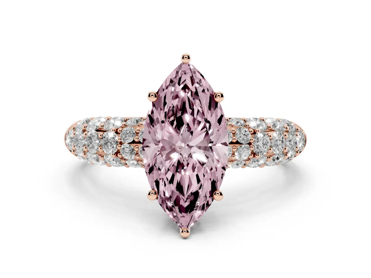Fancy Pink Marquise Cut Diamond Pavé Band Solitaire Ring with Four-Prong Setting Rose gold