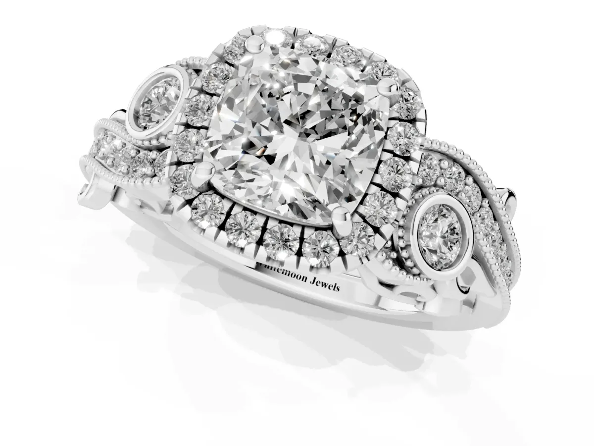 Cushion Cut Halo Diamond Ring with Milgrain and Bezel Accents on a Split Shank Band Platinum