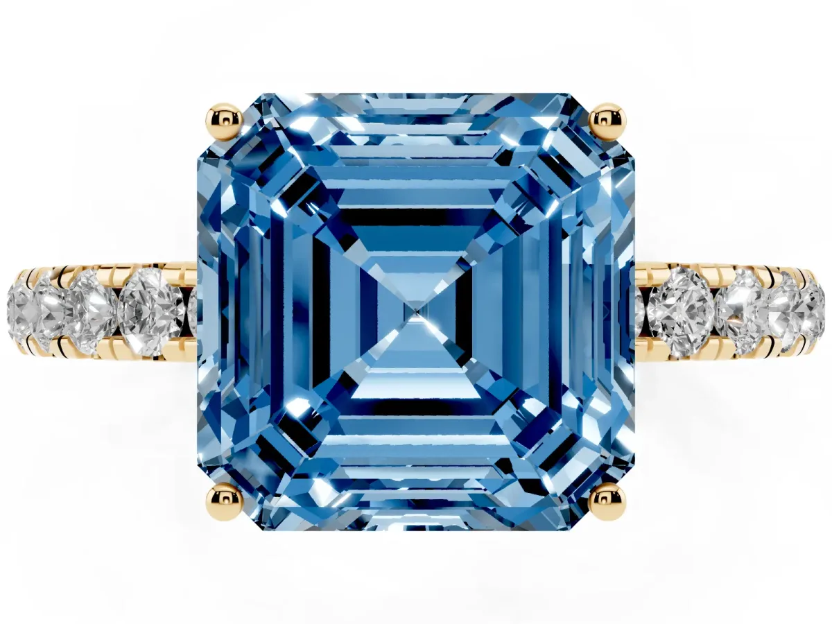 Fancy Blue Asscher Cut Diamond Pavé Solitaire Engagement Ring with Four-Prong Setting Yellow gold