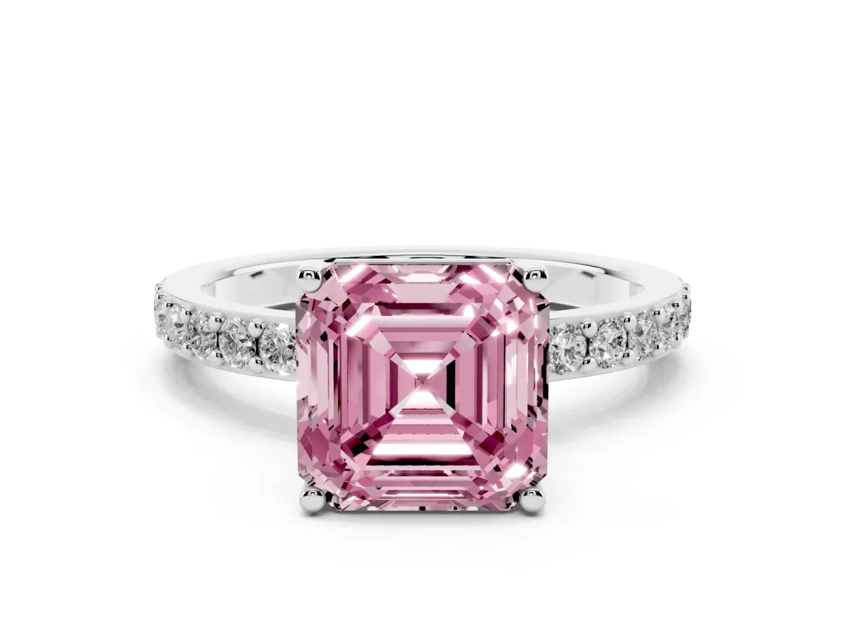 Fancy Pink Asscher Cut Cut Diamond Solitaire with Pave Band and Four-Prong Setting Platinum