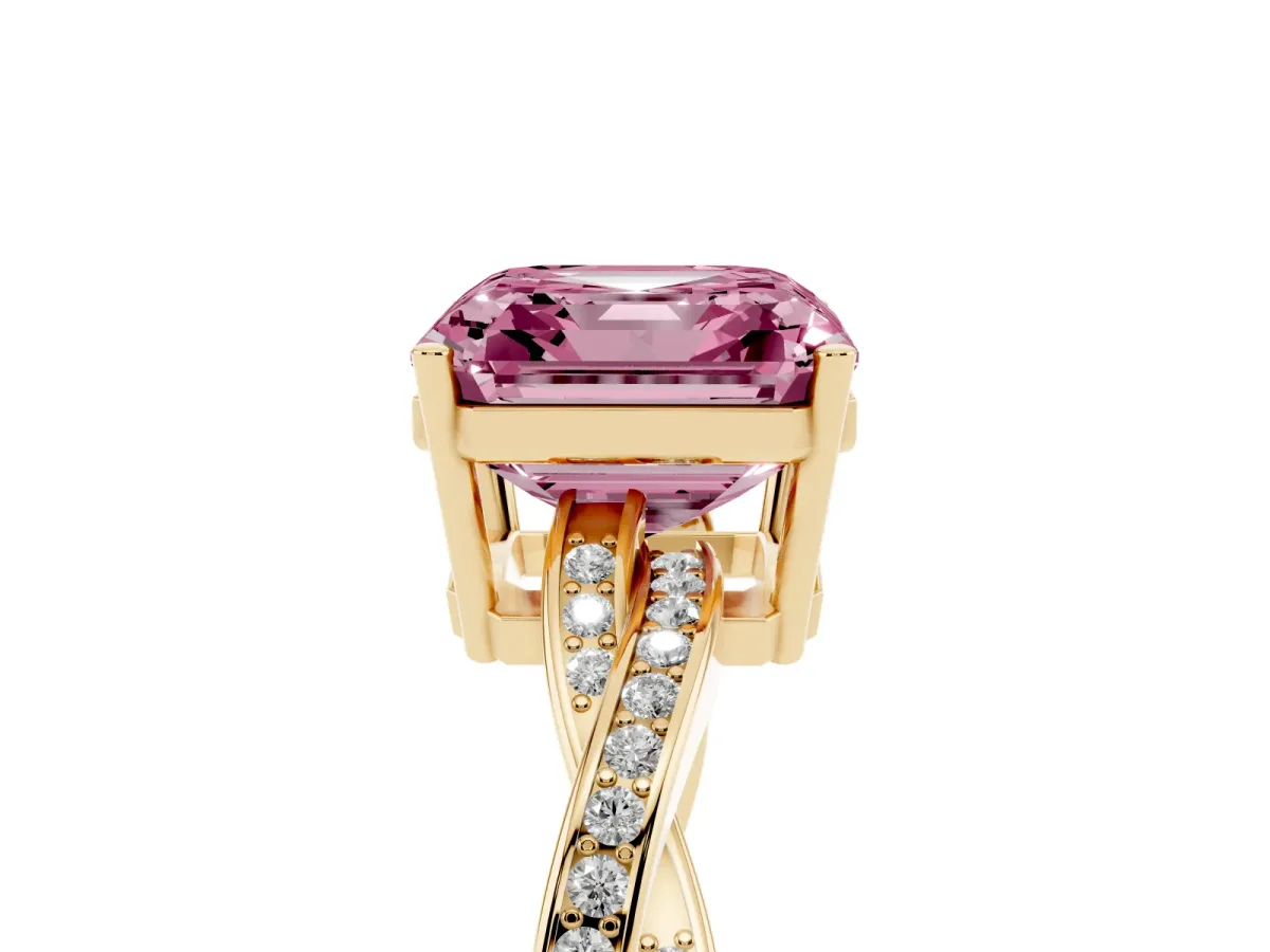 Fancy Pink Asscher Cut Solitaire Twisted Pave Diamond Ring with Four-Prong Setting Yellow gold