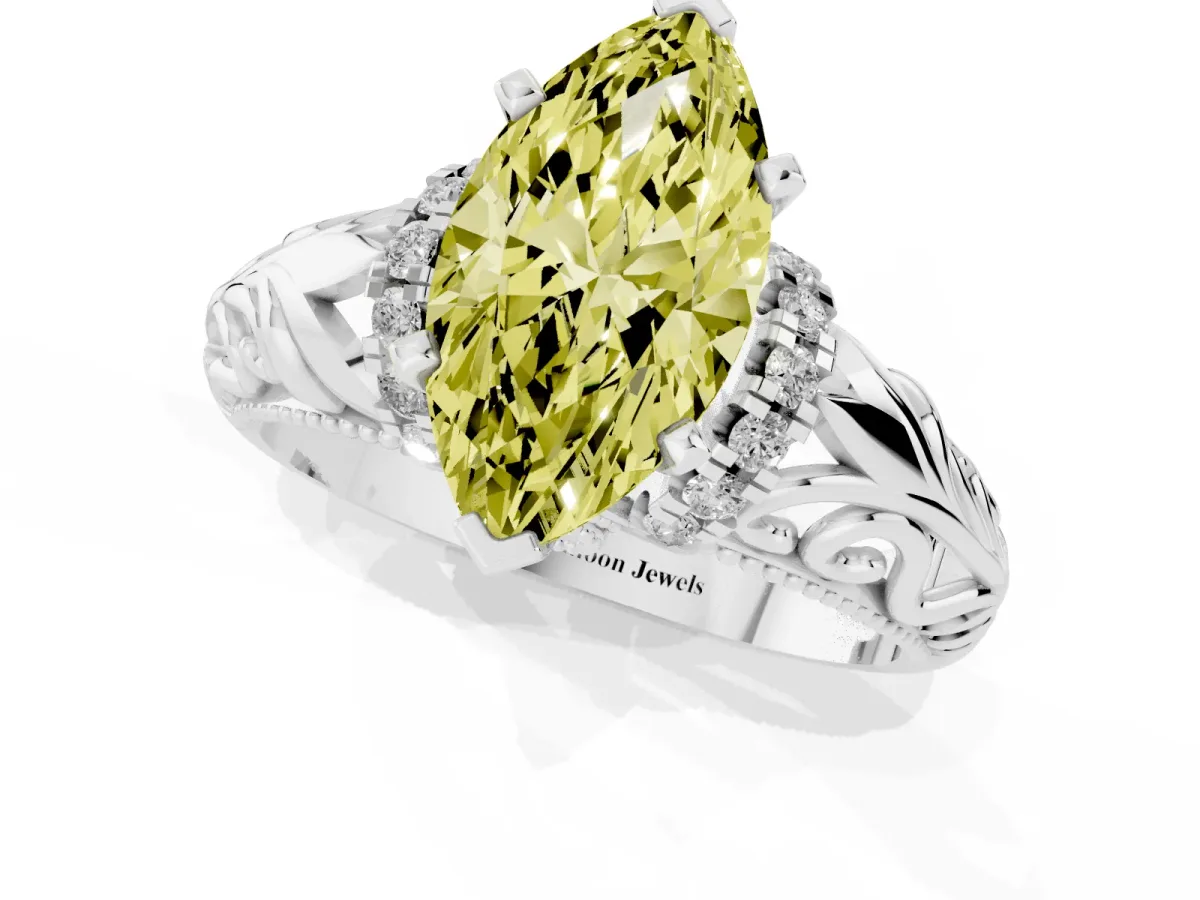 Fancy Yellow Marquise Cut Solitaire Filigree Engagement Ring with Halo and Prong Setting White gold