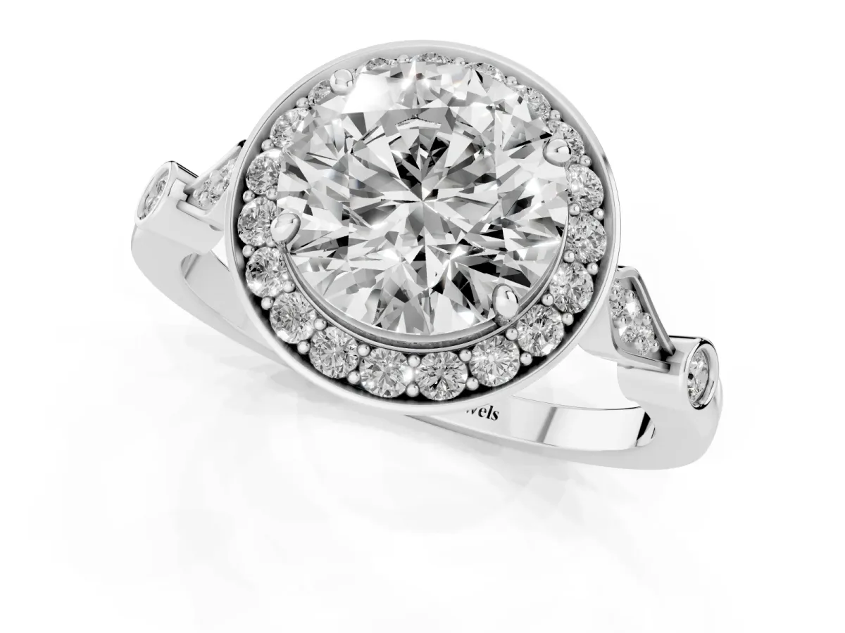 Round Cut Halo Diamond Engagement Ring with Twisted Band and Four-Prong Setting White gold