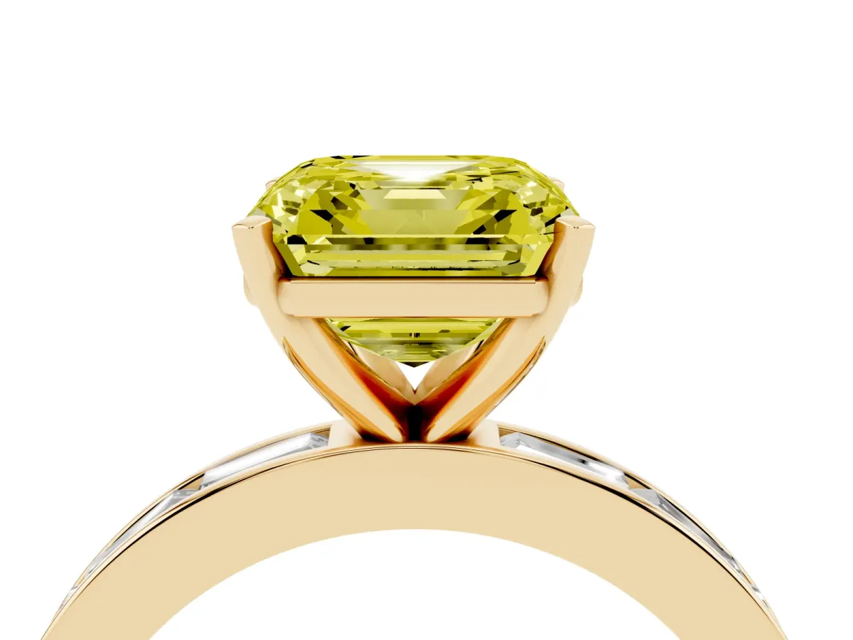 Fancy Yellow Asscher Cut Solitaire Diamond Ring with Channel-Set Baguette Band and Four-Prong Setting Yellow gold