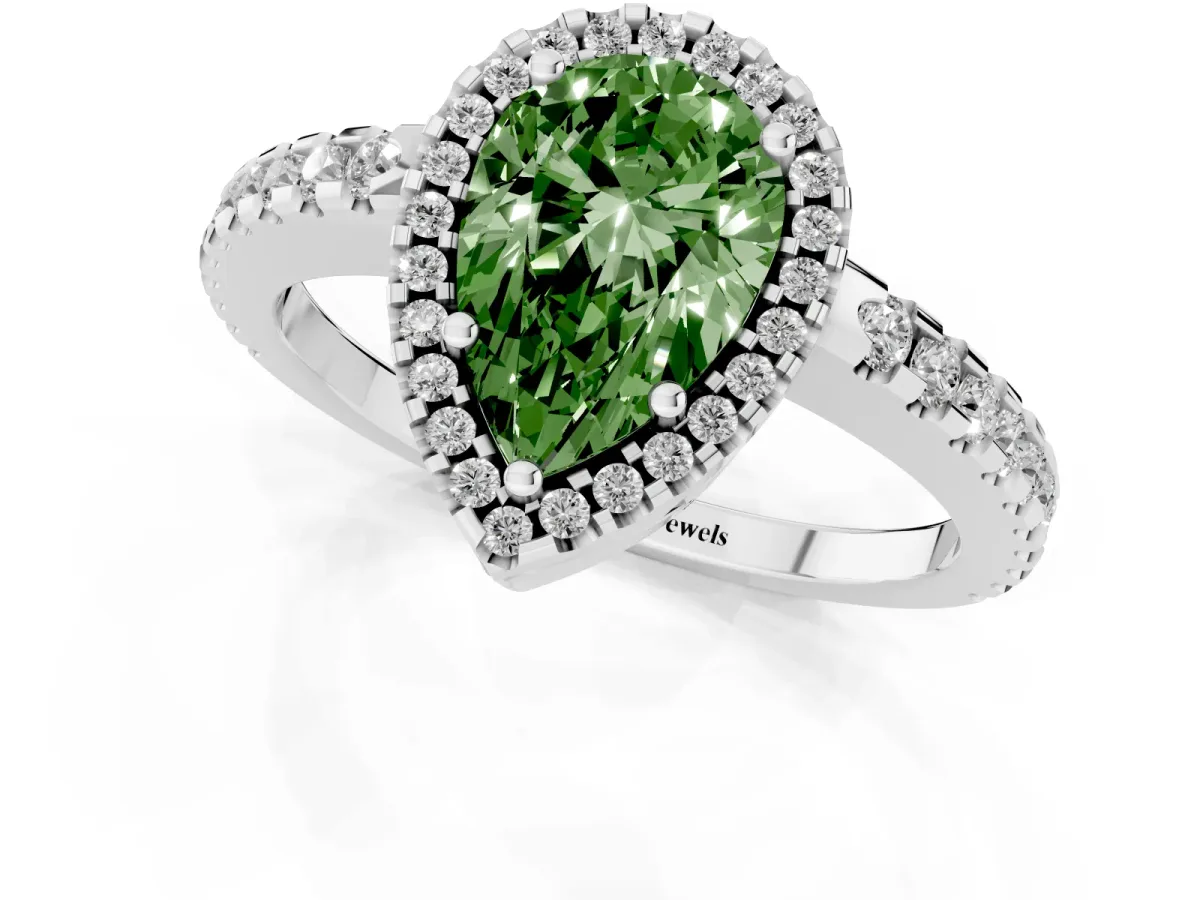Fancy Green Pear Cut Diamond Halo Engagement Ring with Pavé Band and Prong Setting Silver