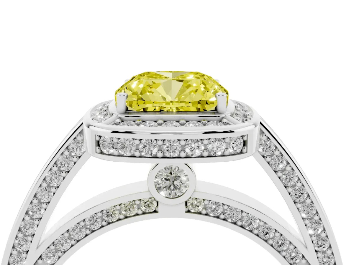 Fancy Yellow Cushion Cut Cut Halo Pave Split Shank Prong Setting Ring Platinum
