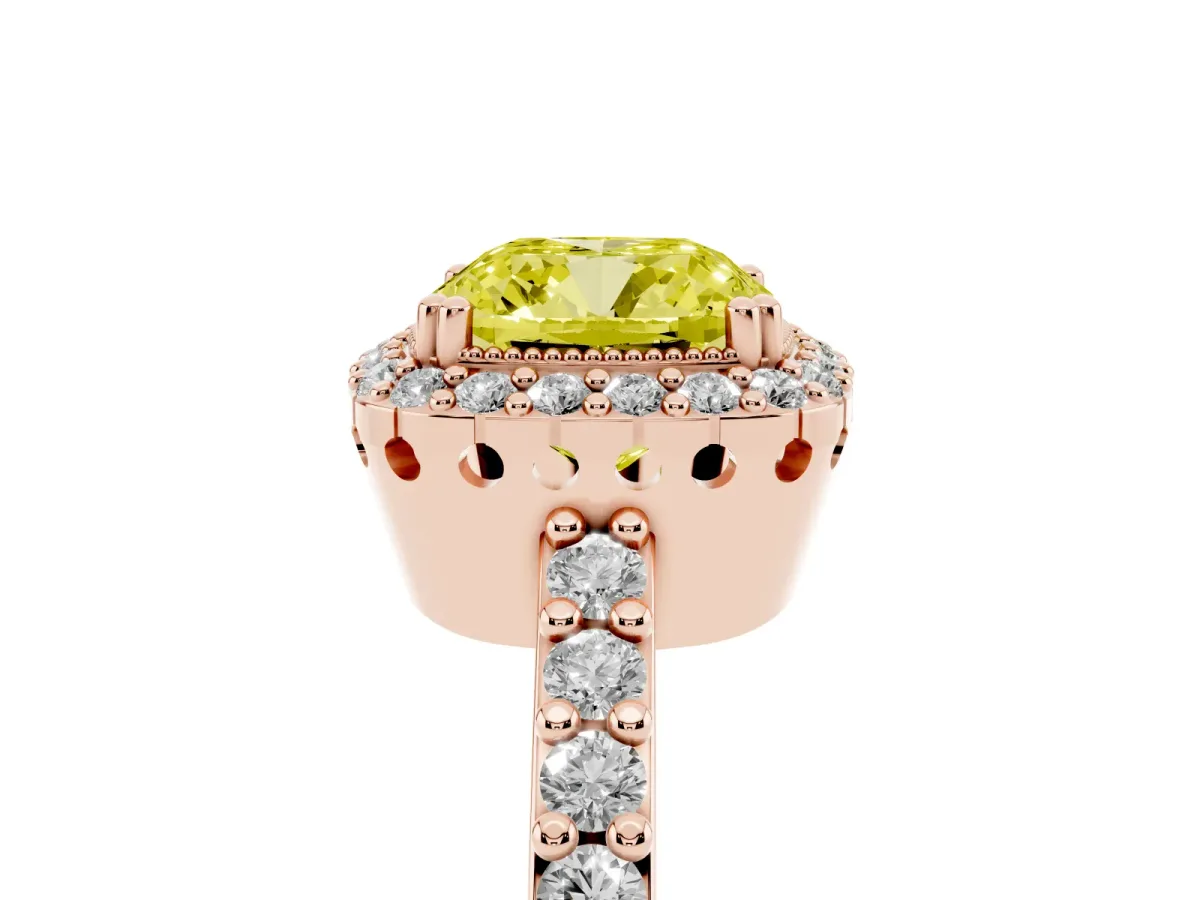 Fancy Yellow Cushion Cut Cut Diamond Halo Engagement Ring with Milgrain Detail and Pavé Band Rose gold