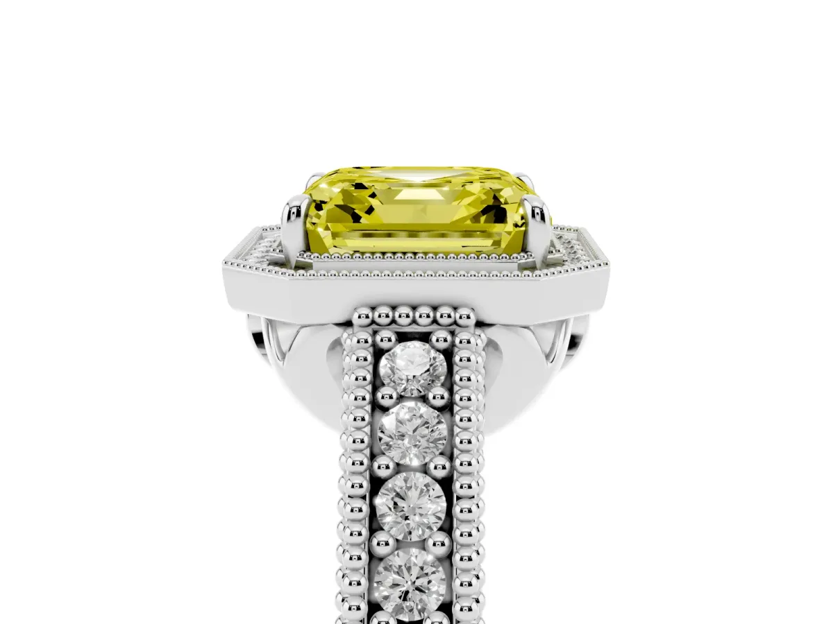 Fancy Yellow Asscher Cut Cut Halo Diamond Ring with Pavé Band and Four-Prong Setting Platinum