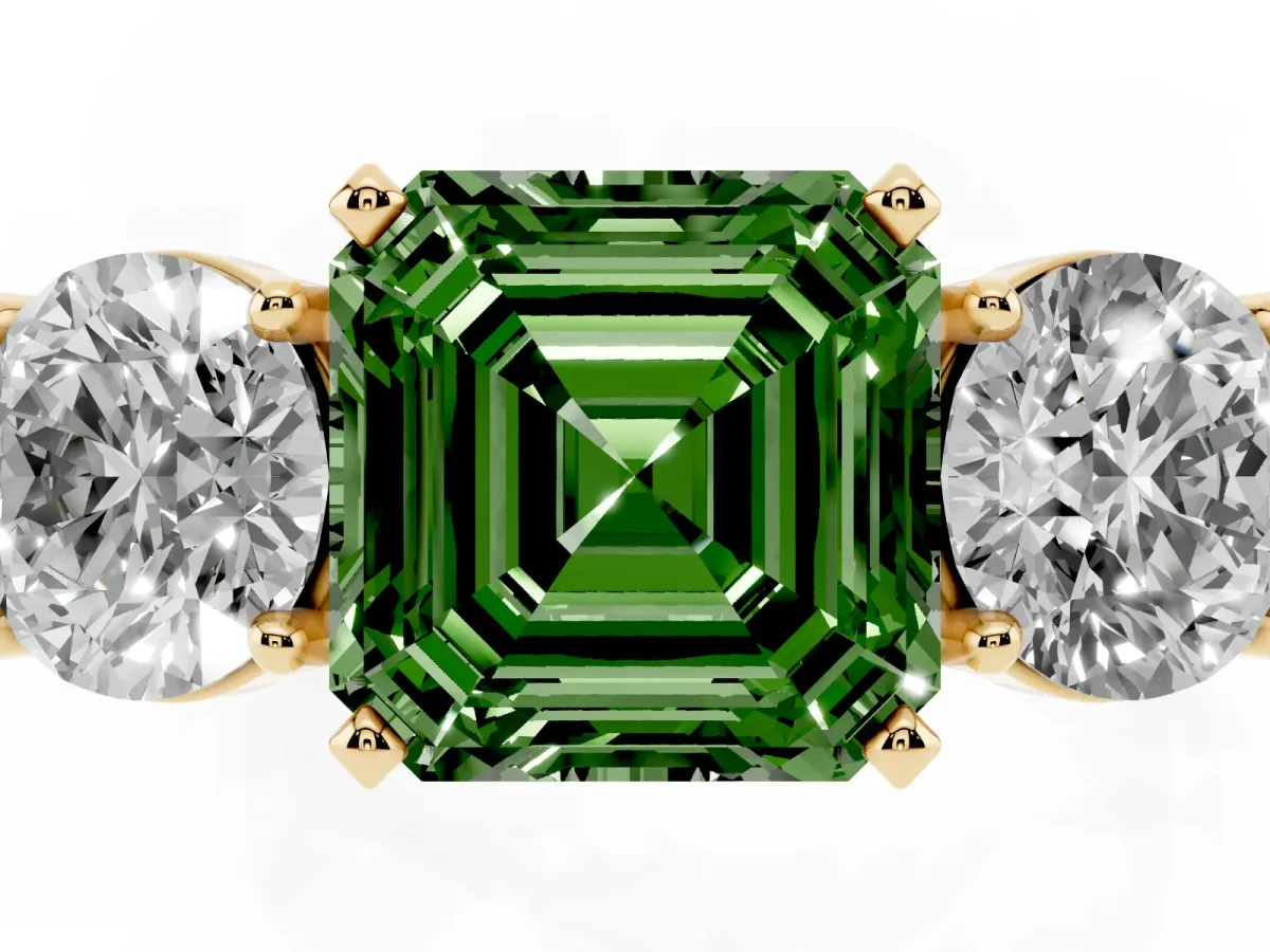Fancy Green Three-Stone Asscher Cut Diamond Ring with Round Side Stones, Classic Band, and Four-Prong Setting Yellow gold