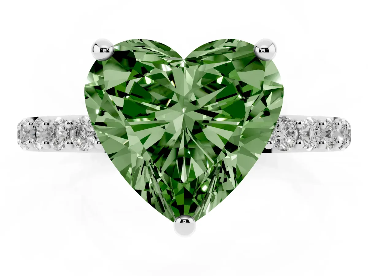 Fancy Green Heart Cut Diamond Solitaire Ring with Round Pavé Band and Prong Setting Platinum