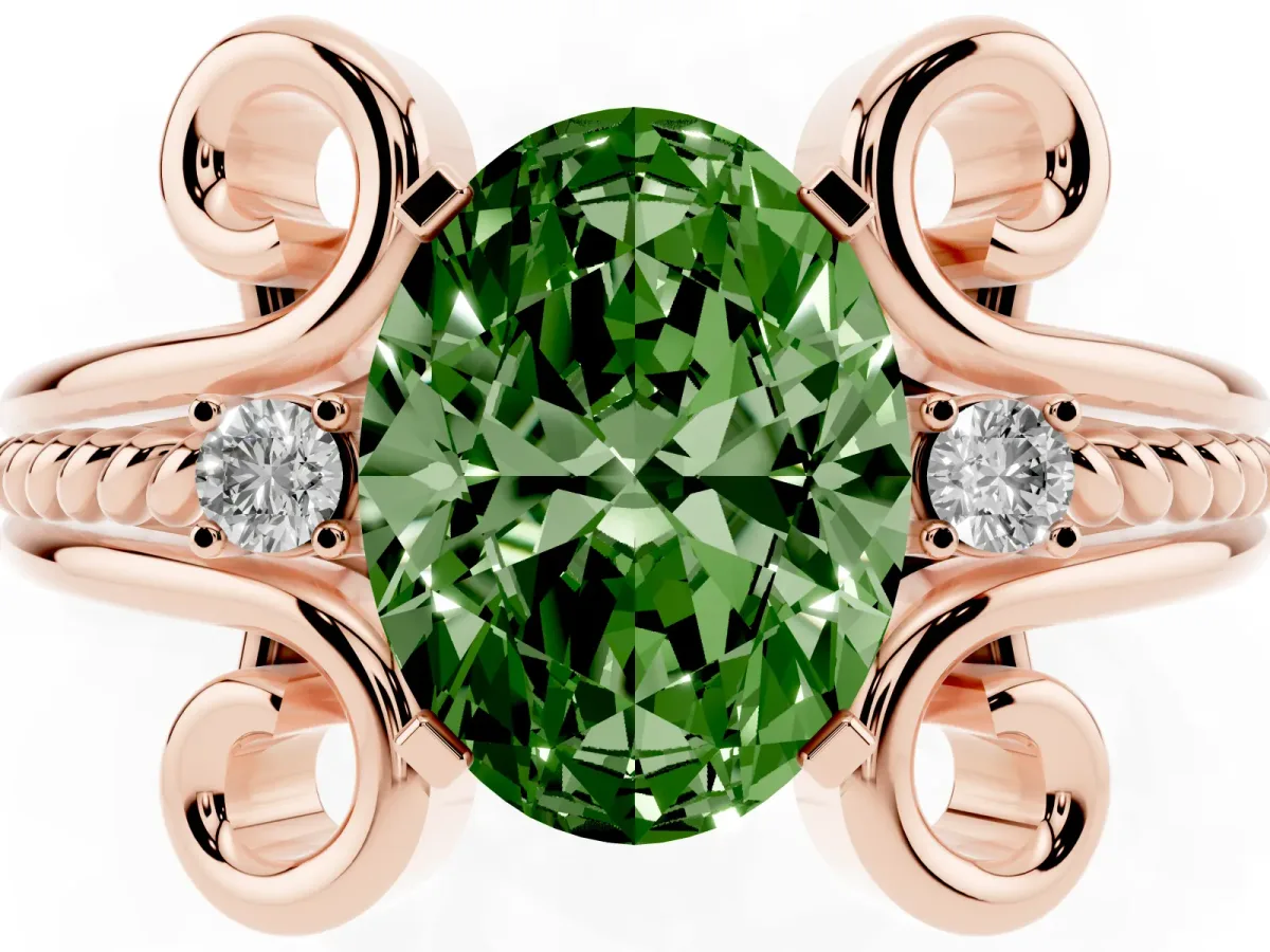 Fancy Green Oval Cut Solitaire Twisted Band Scroll Prong Ring Rose gold