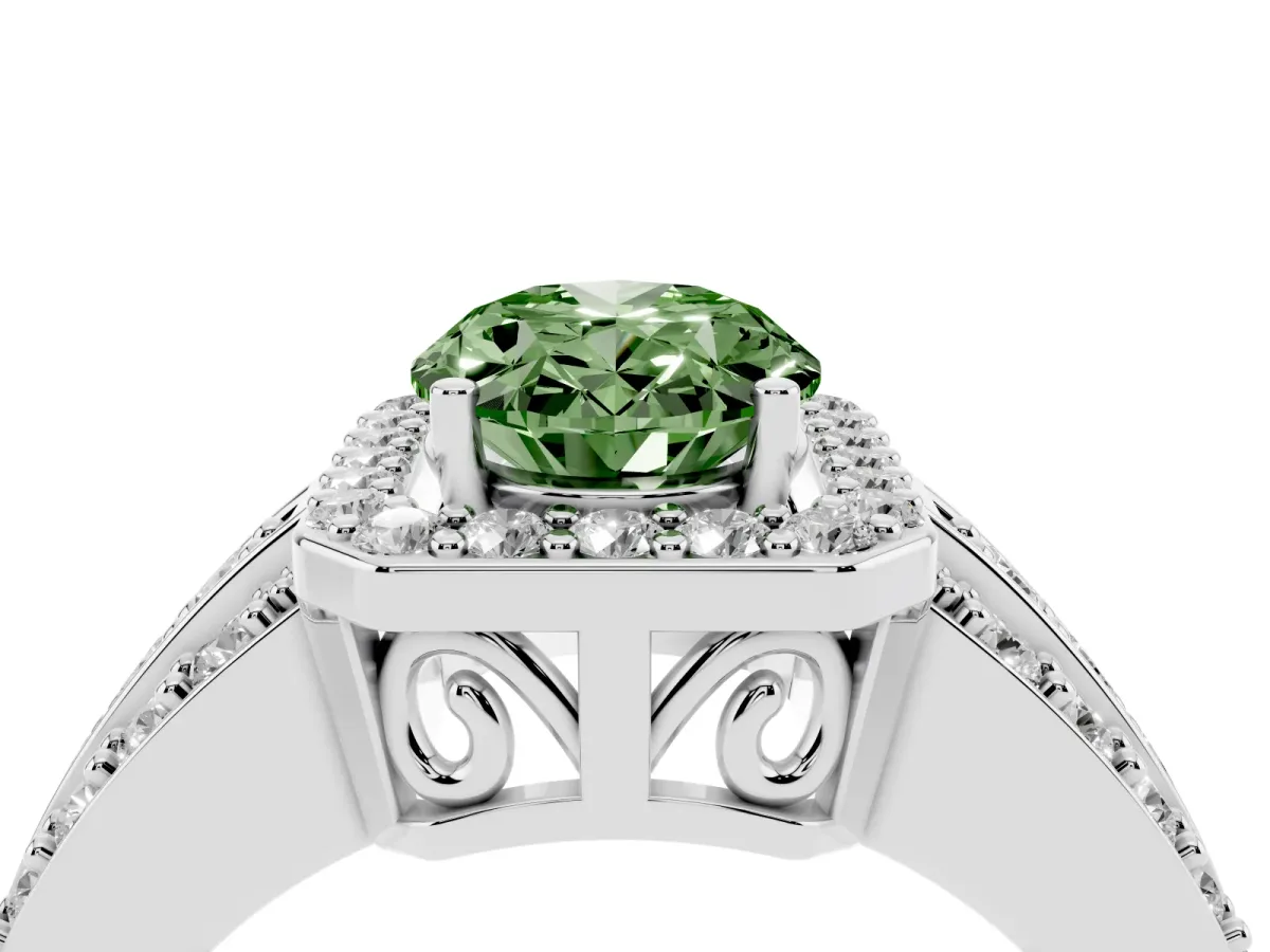 Fancy Green Oval Cut Halo Diamond Ring with Round Split Shank and Prong Setting Silver