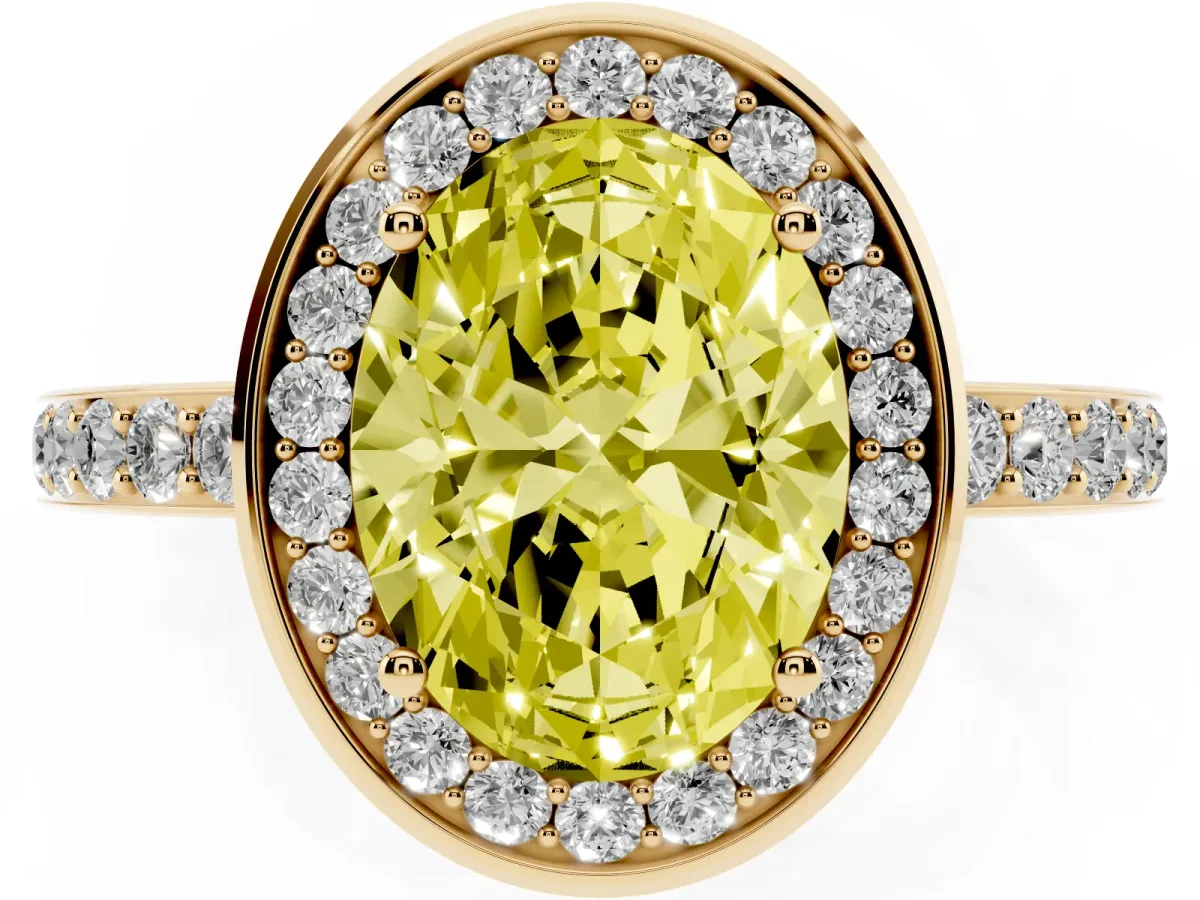 Fancy Yellow Oval Cut Diamond Halo Ring with Bezel Frame and Pavé Band Yellow gold