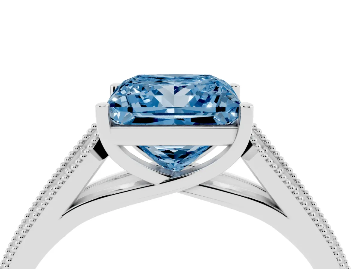 Fancy Blue Princess Cut Cut Pave Split Shank Engagement Ring with Four-Prong Setting Platinum