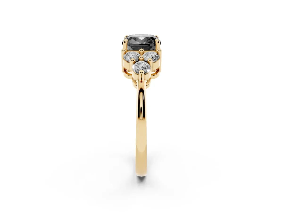 Fancy Black Cushion Cut Brilliant Diamond Cluster Accent Solitaire Ring with Prong Setting Yellow gold
