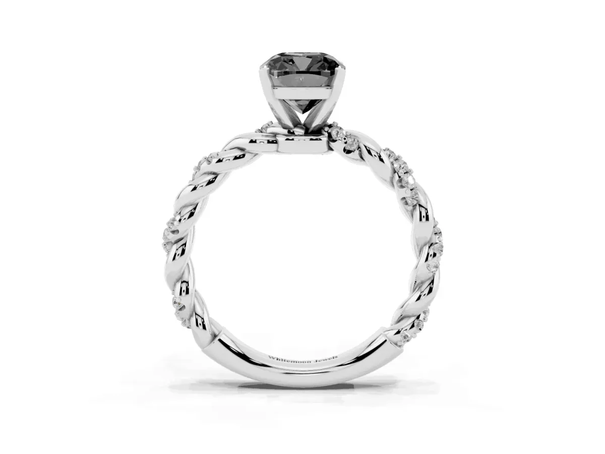 Fancy Black Cushion Cut Diamond Solitaire Ring with Twisted Band and Pavé Accents White gold