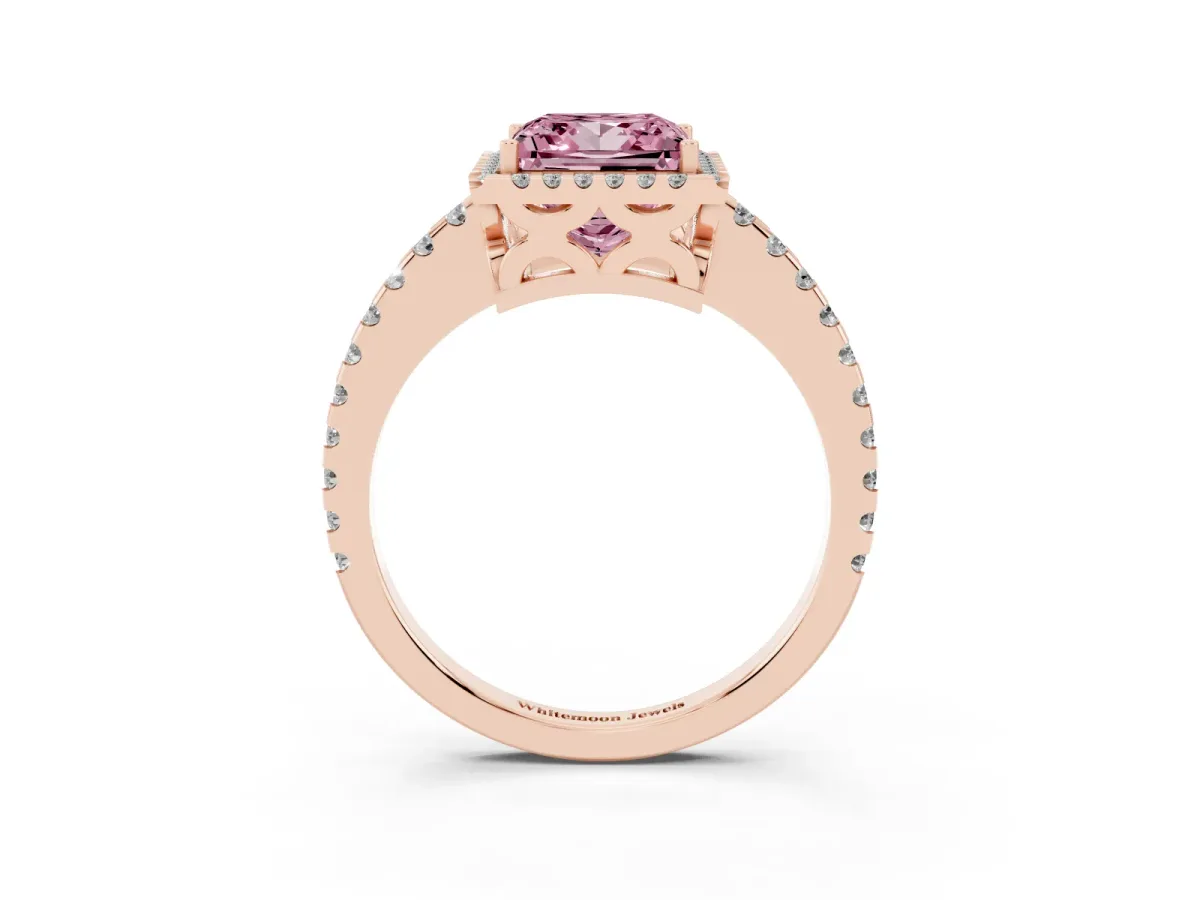 Fancy Pink Princess Cut Diamond Halo Engagement Ring with Pavé Band and Prong Setting Rose gold