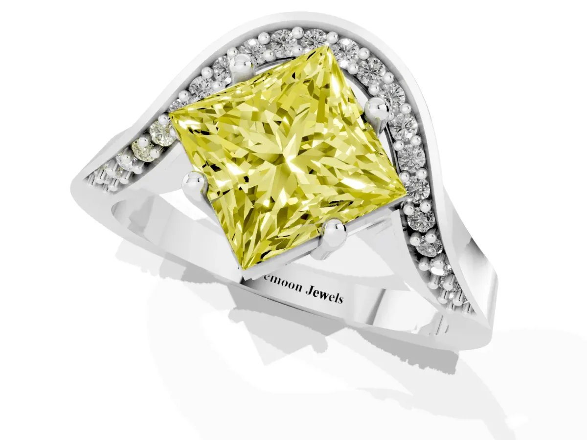 Fancy Yellow Princess Cut Solitaire Diamond Engagement Ring with Pave Band and Four-Prong Setting Silver