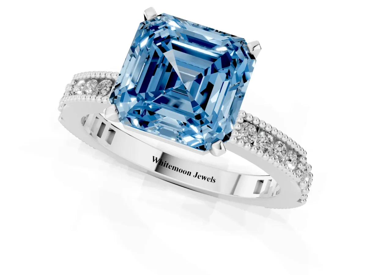 Fancy Blue Asscher Cut Solitaire with Pavé Band and Four-Prong Setting Silver
