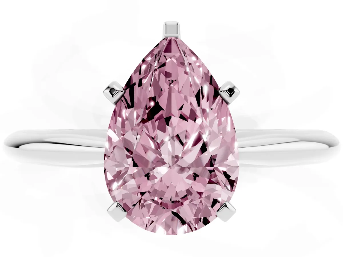 Fancy Pink Pear Cut Cut Solitaire Ring with Four-Prong Setting on a Classic Band Platinum