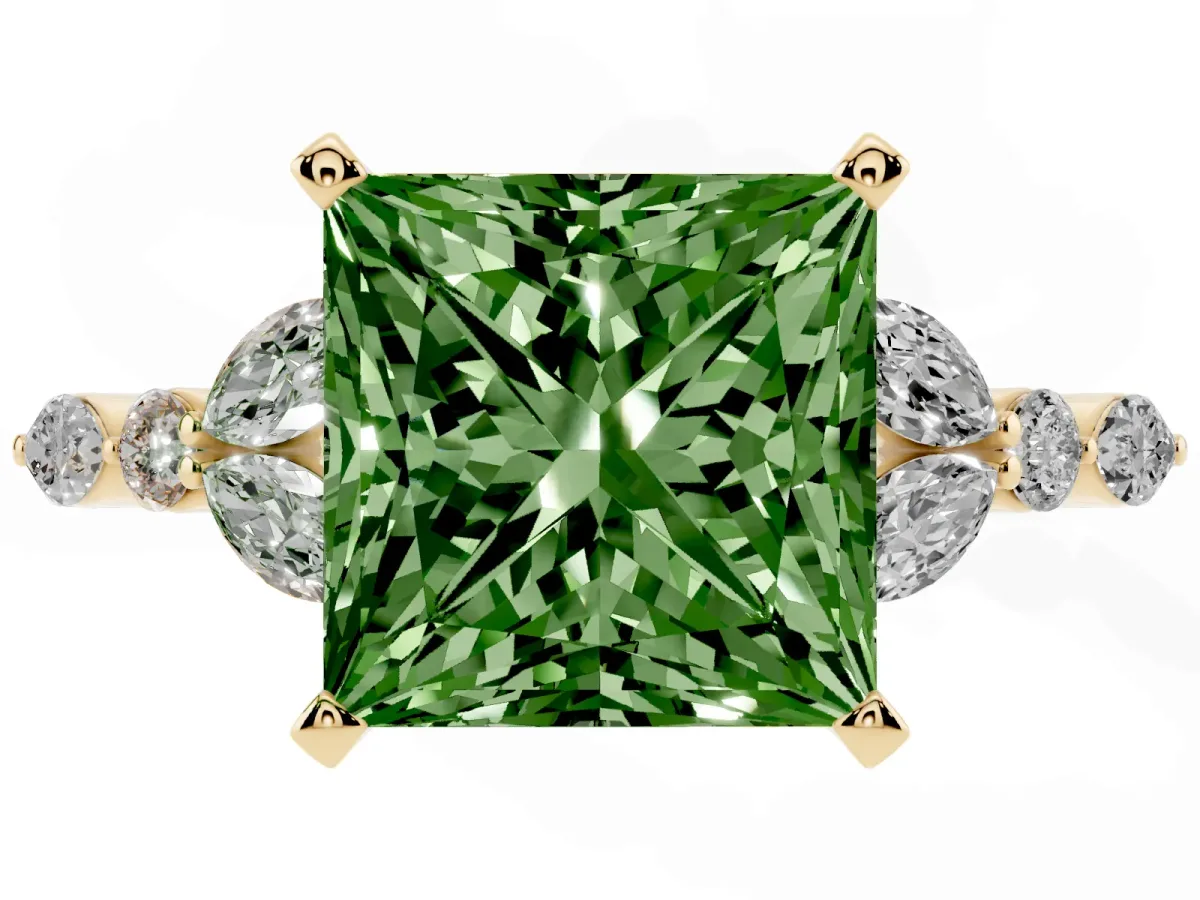 Fancy Green Princess Cut Diamond Solitaire Ring with Side Stones and Four-Prong Setting Yellow gold