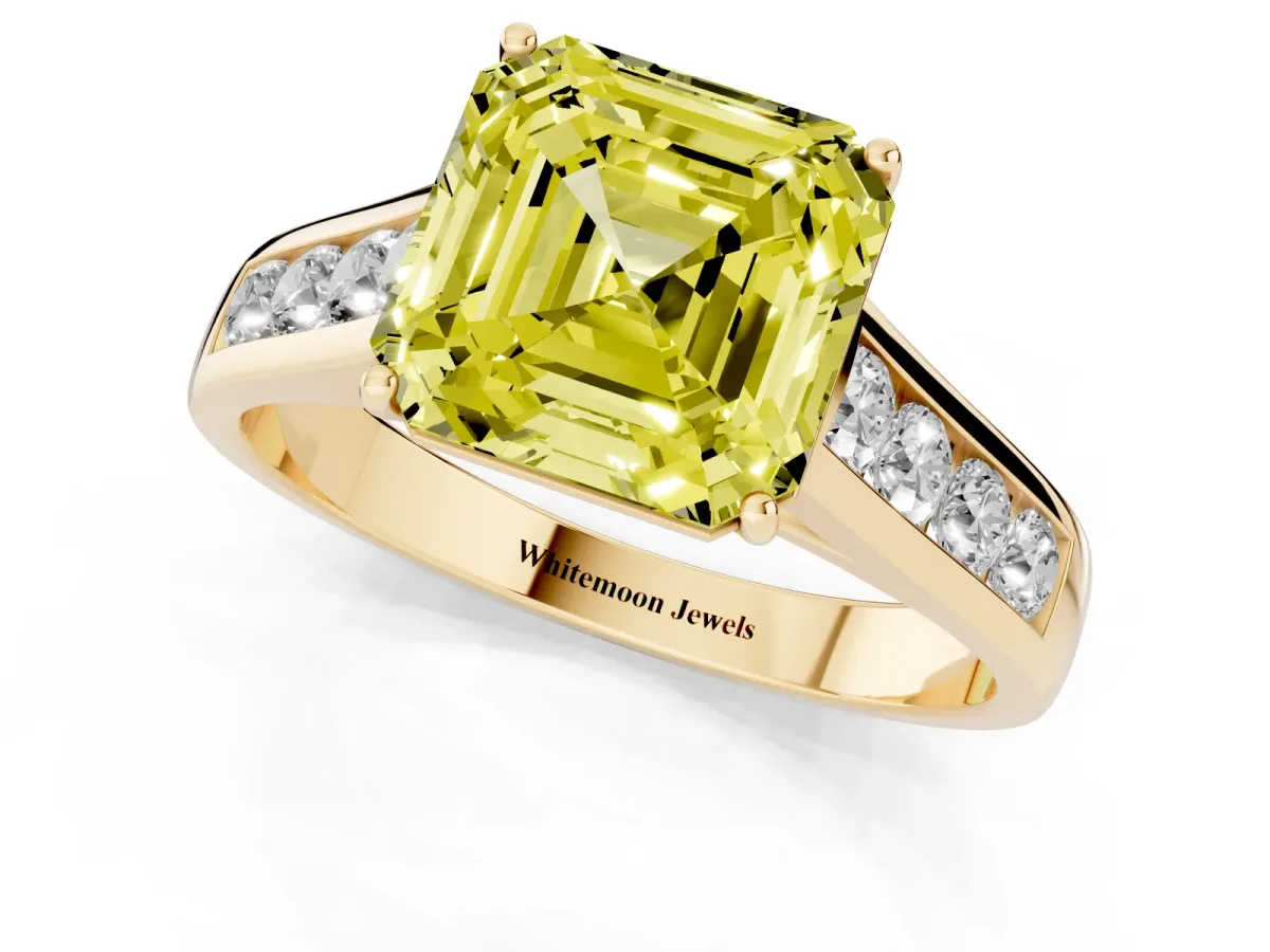 Fancy Yellow Asscher Cut Solitaire Channel-Set Diamond Engagement Ring with Four-Prong Setting Yellow gold