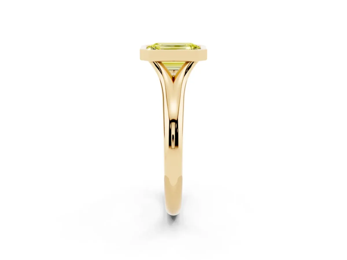 Fancy Yellow Bezel Set Emerald Cut Solitaire Diamond Ring with Smooth Band Yellow gold