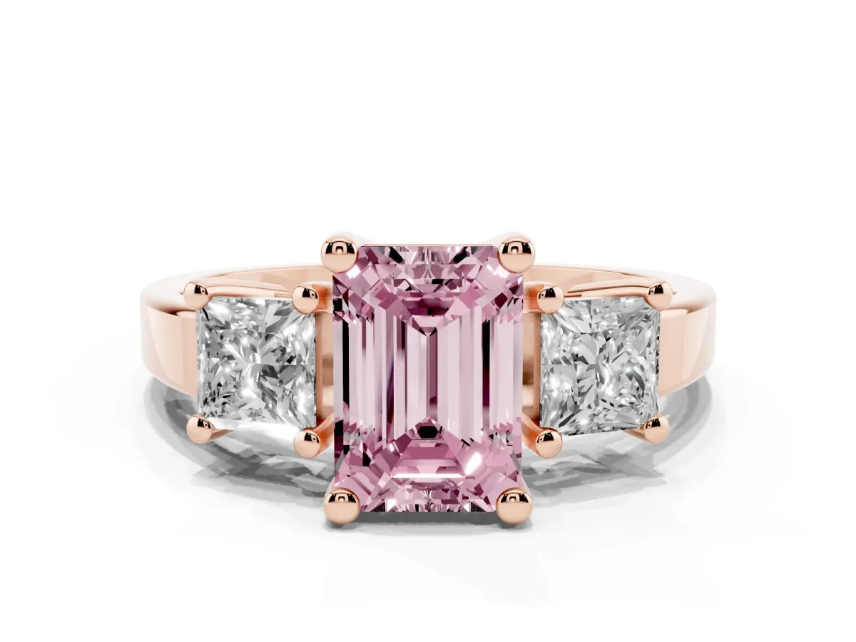 Fancy Pink Three-Stone Emerald Cut Cut Solitaire Ring with Prong Setting Rose gold