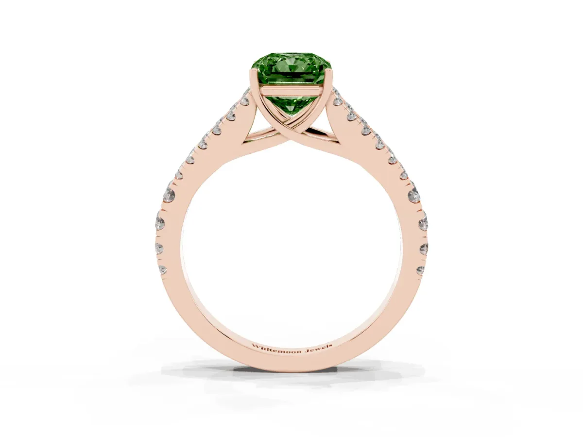 Fancy Green Radiant Cut Diamond Split Shank Pavé Engagement Ring with Four-Prong Setting Rose gold